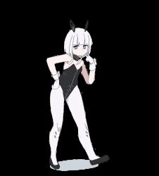 Rule 34 | 1girl, adapted costume, animal ears, animated, animated gif, black footwear, black leotard, blinking, blue eyes, blunt bangs, breasts, bright pupils, cevio, commentary request, dancing, detached collar, dot mouth, expressionless, fake animal ears, flats, hair over shoulder, hand to own mouth, hands on own hips, highres, kafu (cevio), kamitsubaki studio, leotard, long hair, looking at viewer, looping animation, low twintails, mechanical ears, miminushi, multicolored eyes, pantyhose, pink eyes, playboy bunny, rabbit ears, small breasts, solo, thighs, transparent background, twintails, v, white hair, white pantyhose, white pupils, wrist cuffs