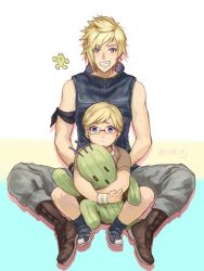 Rule 34 | arm scarf, blonde hair, blue eyes, boots, dual persona, final fantasy, final fantasy xv, glasses, looking at viewer, prompto argentum, sabotender, sasanomesi, sitting, sitting on lap, sitting on person, sleeveless, smile, stuffed toy, wristband, aged down