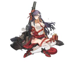 Rule 34 | 1girl, black jacket, blush, bow, braid, breasts, brown eyes, damaged, drum magazine, full body, gift, girls&#039; frontline, grey hair, gun, hair between eyes, hair ornament, hat, unworn hat, unworn headwear, high-capacity magazine, jacket, unworn jacket, legs, lewis (girls&#039; frontline), lewis (holy night promise) (girls&#039; frontline), lewis gun, light machine gun, long hair, long sleeves, machine gun, magazine (weapon), medium breasts, official alternate costume, pan magazine, red footwear, scarf, shirt, shoes, unworn shoes, single shoe, sitting, solo, starshadowmagician, tears, thighhighs, torn clothes, torn shirt, torn thighhighs, transparent background, weapon, white shirt, white thighhighs