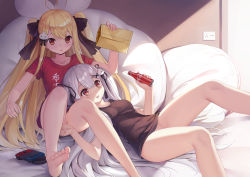 Rule 34 | 2girls, absurdres, ahoge, arm up, bad id, bad pixiv id, bare legs, barefoot, bed sheet, black bow, black ribbon, black shirt, blonde hair, blouse, borrowed character, bottle, bottomless, bow, breasts, cleft of venus, coke bottle, collarbone, commentary request, envelope, feet, fingernails, hair between eyes, hair bow, hair ornament, hair ribbon, heart, heart ahoge, highres, holding, holding bottle, long hair, lying, manila envelope, multiple girls, niliu chahui, on back, original, pillow, pussy, pussy peek, red eyes, red shirt, ribbon, shirt, short sleeves, siblings, silver hair, sisters, sitting, small breasts, soles, striped, toes, tokisaki asaba (niliu chahui), tokisaki mio (niliu chahui), two side up, uncensored, very long hair, x hair ornament