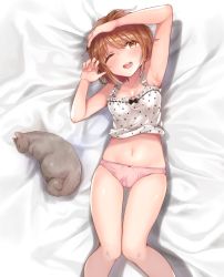Rule 34 | 1girl, arms up, bed sheet, blush, bow, bow panties, breasts, brown eyes, brown hair, cameltoe, camisole, cat, from above, gluteal fold, head tilt, highres, koretsuna, legs, looking at viewer, lying, navel, on back, on bed, one eye closed, open mouth, panties, pink panties, polka dot, polka dot shirt, sajima yumi, school girl strikers, shadow, shirt, short hair, small breasts, smile, solo, thigh gap, underwear, underwear only, white shirt