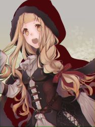 Rule 34 | 1girl, bad id, bad pixiv id, belt, blonde hair, blunt bangs, bow, braid, breasts, cloak, hair bow, long sleeves, looking at viewer, open mouth, red bow, red hood, red riding hood (sinoalice), sinoalice, small breasts, solo, standing, user haec3373