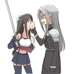 Rule 34 | 1boy, 1girl, armor, black coat, black gloves, black hair, black skirt, black thighhighs, blush, breasts, coat, commentary request, cowboy shot, elbow gloves, final fantasy, final fantasy vii, fingerless gloves, from side, gloves, grey hair, hand on another&#039;s chin, holding, holding sword, holding weapon, katana, long hair, looking at another, low-tied long hair, midriff, open mouth, sephiroth, shaded face, shirt, sidelocks, simple background, skirt, sleeveless, straight hair, suspender skirt, suspenders, sweat, sword, tank top, tearing up, thighhighs, tifa lockhart, trembling, tsubobot, weapon, white background, white tank top, worried