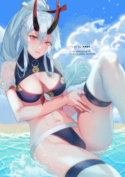 Rule 34 | 1girl, bad id, bad pixiv id, bare shoulders, bikini, black bikini, blue sky, blush, breasts, cleavage, fate/grand order, fate (series), hair between eyes, highres, horns, large breasts, long hair, looking at viewer, mitsudomoe (shape), navel, ocean, oni horns, parted lips, ponytail, red eyes, red horns, shei99, silver hair, sky, smile, swimsuit, thighhighs, thighs, tomoe (symbol), tomoe gozen (fate), tomoe gozen (swimsuit saber) (fate), tomoe gozen (swimsuit saber) (third ascension) (fate), very long hair, white thighhighs