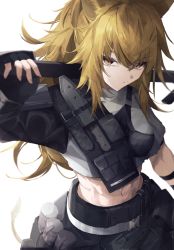 Rule 34 | 1girl, abs, animal ears, ankoro mochi, arknights, asymmetrical clothes, belt, black gloves, brown eyes, brown hair, closed mouth, cowboy shot, crop top, fingerless gloves, gloves, grey shirt, highres, lion ears, lion girl, lion tail, long hair, looking at viewer, navel, official alternate costume, over shoulder, ponytail, shirt, short sleeves, siege (arknights), siege (city destroyer) (arknights), simple background, solo, stomach, tail, weapon, weapon over shoulder, white background