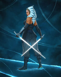 Rule 34 | 1girl, absurdres, ahsoka tano, alien, ass, bare shoulders, blue eyes, boots, breasts, colored skin, dalejomej, detached sleeves, dual wielding, energy sword, facing away, full body, grey footwear, grey pants, grey sleeves, grey tunic, highres, holding, holding lightsaber, large breasts, lightsaber, orange skin, pants, reverse grip, signature, solo, standing, star wars, star wars: ahsoka, sword, togruta, vambraces, weapon, white lightsaber