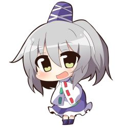 Rule 34 | 1girl, asymmetrical clothes, blue footwear, blue skirt, boots, chibi, eyebrows, frilled skirt, frills, full body, green ribbon, grey hair, hair between eyes, hands in opposite sleeves, hat, japanese clothes, kariginu, looking at viewer, mononobe no futo, open mouth, ponytail, red ribbon, ribbon, ribbon-trimmed sleeves, ribbon trim, simple background, skirt, sleeves past wrists, smile, solo, tate eboshi, touhou, twumi, white background, yellow eyes