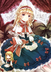 Rule 34 | 1girl, alice margatroid, alternate hairstyle, apron, bad id, bad pixiv id, blonde hair, blue dress, blue eyes, book, bow, capelet, curtains, dress, female focus, grimoire, grimoire of alice, hair bow, hairband, jaku sono, long hair, long sleeves, looking at viewer, pillow, sash, shanghai doll, short hair, sitting, smile, solo, touhou, waist apron