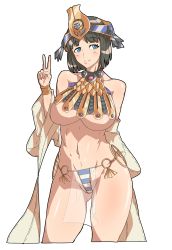 Rule 34 | 1girl, absurdres, ancient princess menace, bare shoulders, black hair, blue eyes, blush, bracelet, breasts, cowboy shot, cropped legs, crown, detached sleeves, gluteal fold, goniataito, highres, jewelry, large breasts, looking away, menace (queen&#039;s blade), menace (queen's blade), navel, o-ring, o-ring bottom, o-ring panties, panties, queen&#039;s blade, revealing clothes, short hair, side-tie panties, smile, solo, striped clothes, striped panties, underboob, underwear, v, white background, wide sleeves