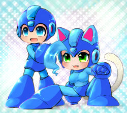 Rule 34 | 1boy, 1girl, :3, ahoge, animal ears, bad id, bad pixiv id, blue eyes, blue hair, breasts, capcom, cat ears, cat tail, chibi, claws, company connection, cosplay, fang, felicia (vampire), full body, green eyes, helmet, large breasts, mega man (character), mega man (character) (cosplay), mega man (classic), mega man (series), monokawa yardock, open mouth, pocket fighter, smile, tail, vampire (game)