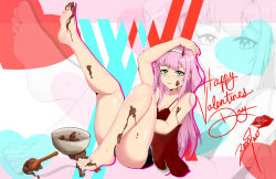 Rule 34 | 1girl, barefoot, blush, breasts, chocolate, cleavage, darling in the franxx, feet, glasses, green eyes, hand on own head, highres, long hair, looking at viewer, nightgown, panties, pink hair, soles, toes, underwear, valentine, zero two (darling in the franxx)