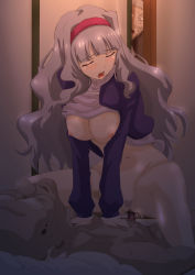 Rule 34 | 1girl, 2boys, age difference, arm support, bad id, bad pixiv id, bald, blush, bottomless, breasts, breasts squeezed together, censored, closed eyes, clothes lift, colored pubic hair, female pubic hair, girl on top, grey hair, hairband, hetero, idolmaster, idolmaster (classic), kosokosomaru (higashi taishi), large breasts, legs, long hair, lying, mosaic censoring, multiple boys, navel, nipples, no bra, no panties, old, old man, on back, open mouth, peeking, penis, pubic hair, sex, shijou takane, shirt lift, silver pubic hair, sitting, sitting on person, spread legs, straddling, thighs, vaginal, wavy hair