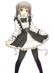 Rule 34 | 1girl, :d, black bow, black bowtie, black thighhighs, bow, bowtie, brown hair, clothes lift, dasoku sentarou, dress, dress lift, frilled dress, frills, garter straps, legs apart, long sleeves, looking at viewer, maid, maid headdress, open mouth, original, red eyes, short hair, sidelocks, silver hair, simple background, skirt hold, smile, solo, standing, thighhighs, twintails, white background, zettai ryouiki