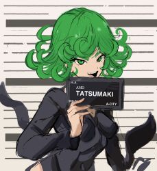 Rule 34 | 1girl, :d, barbie (franchise), barbie (live action), barbie mugshot (meme), black dress, breasts, character name, curly hair, dress, green eyes, green hair, highres, holding, holding sign, long sleeves, looking at viewer, meme, one-punch man, open mouth, rakeemspoon, short hair, sign, small breasts, smile, solo, tatsumaki, upper body