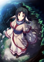 Rule 34 | 1girl, ainu clothes, animal ears, blush, breasts, brown hair, dog ears, eruruu, full body, green hair, highres, image sample, japanese clothes, long hair, looking at viewer, looking up, small breasts, smile, solo, standing, tail, ugume, utawarerumono, water