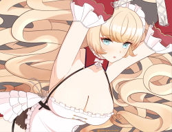 Rule 34 | 1girl, absurdly long hair, apron, arms up, artist name, azur lane, blonde hair, blue eyes, breasts, cleavage, detached sleeves, eyelashes, frilled apron, frills, howe (azur lane), howe (pastry princess) (azur lane), large breasts, long hair, official alternate costume, red sleeves, shanghai kani, solo, very long hair, white apron