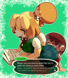 Rule 34 | 1boy, 1girl, animal crossing, animal ears, animal hands, ass, barefoot, bell, black eyes, blonde hair, blue skirt, blush stickers, body fur, breasts, brown hair, character name, closed eyes, dog ears, dog girl, dog tail, english text, face in ass, full body, furry, furry female, furry with non-furry, green background, green vest, hair bell, hair ornament, hair tie, half-closed eyes, hands up, hetero, highres, holding, interspecies, isabelle (animal crossing), jingle bell, lilmoonie, looking back, medium breasts, miniskirt, neck ribbon, nintendo, open mouth, outline, paper, pencil skirt, plaid, plaid vest, red ribbon, red shirt, ribbon, shirt, short hair, short sleeves, simple background, skirt, smile, solo focus, speech bubble, squatting, steam, steaming body, sweat, tail, talking, teeth, thick thighs, thighs, topknot, two-tone fur, vest, villager (animal crossing), white fur, white outline, white shirt, wide hips, yellow fur
