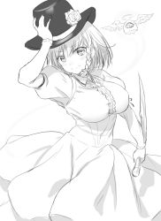 Rule 34 | 1girl, braid, breasts, charlotte corday (fate), charlotte corday (third ascension) (fate), dress, fate/grand order, fate (series), flower, greyscale, hat, hat flower, holding, holding knife, juliet sleeves, knife, large breasts, long dress, long sleeves, monochrome, onsoku inu, puffy sleeves, sketch, solo
