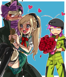 Rule 34 | 1girl, 2boys, :d, ahoge, black bow, black coat, black hair, black headwear, black thighhighs, blue background, blue eyes, blush, border, bouquet, bow, bracelet, braid, carrying, coat, danganronpa (series), danganronpa 2: goodbye despair, dress, fang, feet out of frame, flower, green dress, grey hair, hair bow, hamster, happy, hat, heart, heterochromia, holding, holding bouquet, holding person, jewelry, jumpsuit, long hair, multicolored hair, multiple boys, open mouth, pink bow, pink hair, pleated dress, ponytail, princess carry, puffy short sleeves, puffy sleeves, red bow, rose, short hair, short sleeves, side braid, smile, sonia nevermind, soda kazuichi, sun-d, suurin (ksyaro), tanaka gundham, thighhighs, white border, yellow jumpsuit