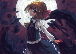 Rule 34 | 1girl, ascot, berabou, black skirt, black vest, blonde hair, blood, blood on face, blood on hands, closed mouth, commentary, dark, darkness, frilled skirt, frills, full moon, hair ribbon, highres, long sleeves, looking at viewer, moon, night, night sky, outdoors, puffy sleeves, red eyes, red ribbon, ribbon, rumia, shirt, short hair, skirt, skirt set, sky, smile, solo, touhou, upper body, vest, white shirt, yellow ascot