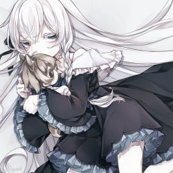 Rule 34 | 1girl, arms up, bad id, bad pixiv id, bare shoulders, black dress, blue eyes, braid, choker, colored skin, dress, frilled dress, frills, gothic lolita, highres, holding, holding stuffed toy, lolita fashion, long hair, long sleeves, looking at viewer, original, shiro yurine, simple background, solo, stuffed toy, thighs, very long hair, white hair, white skin, wide sleeves