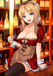 Rule 34 | 1girl, aebafuti, alcohol, apron, areola slip, arm support, bar (place), black thighhighs, blue eyes, blush, breasts, brown hair, celestine charleroi, cleavage, clothes pull, cup, dirndl, dress pull, drinking glass, frills, german clothes, hair bun, hair intakes, large breasts, looking at viewer, lower teeth only, maid, maid apron, naughty face, no bra, open mouth, single hair bun, solo, steel chronicle, teeth, thighhighs, traditional clothes, upper teeth only, wine, wine glass, wrist cuffs