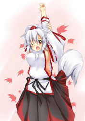 Rule 34 | 1girl, animal ears, armpits, arms up, autumn leaves, blush, breasts, cowboy shot, detached sleeves, fang, female focus, hat, hoshizuki (seigetsu), inubashiri momiji, large breasts, long sleeves, looking at viewer, no bra, one eye closed, open mouth, red eyes, shirt, short hair, side slit, sideboob, silver hair, skirt, solo, stretching, tail, tokin hat, touhou, wide sleeves, wink, wolf ears, wolf tail