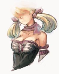 Rule 34 | 1girl, atelier (series), atelier rorona, bare shoulders, blonde hair, breasts, cleavage, corset, detached sleeves, female focus, hair over eyes, hair ribbon, large breasts, lionela heinze, ribbon, scarf, softmode, solo, tecmo