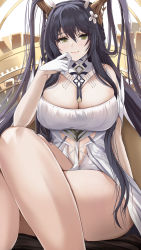 Rule 34 | 1girl, antlers, azur lane, black hair, breasts, cleavage, crossed legs, detached collar, dress, feet out of frame, flower, gloves, green eyes, hair flower, hair ornament, half gloves, hand on own face, highres, horns, huge breasts, indomitable (azur lane), kanzaki kureha, long hair, looking at viewer, short dress, sitting, smile, solo, thighs, very long hair, white dress, white gloves