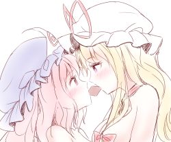 Rule 34 | 2girls, bare shoulders, blonde hair, blush, bow, breasts, chocolate, choker, couple, eye contact, female focus, hair bow, half-closed eyes, hat, hat ribbon, long hair, looking at another, minust, mob cap, mouth hold, multiple girls, neck, no pupils, nude, pink eyes, pink hair, profile, purple eyes, ribbon, ribbon choker, saigyouji yuyuko, shared food, sidelocks, simple background, sketch, small breasts, touhou, triangular headpiece, upper body, white background, yakumo yukari, yuri