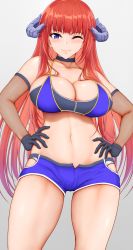 Rule 34 | 1girl, ;), alternate costume, arknights, bagpipe (arknights), bikini, black choker, black gloves, breasts, choker, collared shirt, commentary request, cowboy shot, dragon horns, gloves, hamaguri (hamaguri1234), hands on own hips, highres, horns, large breasts, long hair, micro shorts, navel, one eye closed, open fly, orange hair, purple bikini, purple shorts, shirt, shorts, smile, stomach, string bikini, swimsuit, thighs, very long hair