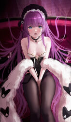 Rule 34 | 1girl, absurdres, azur lane, bare shoulders, black choker, black footwear, black leotard, black pantyhose, blue eyes, blush, bonnet, breasts, choker, couch, feather boa, highres, leotard, long hair, looking at viewer, official alternate costume, on couch, pantyhose, purple hair, ressec, sitting, small breasts, solo, strapless, strapless leotard, tashkent (azur lane), tashkent (the sprite&#039;s snapshot) (azur lane), very long hair