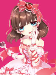 Rule 34 | 1girl, :d, aqua eyes, arm at side, arm ribbon, back bow, bare shoulders, blunt bangs, blurry, blush, bow, bow earrings, breasts, brown hair, choker, cleavage, collarbone, cross-laced clothes, depth of field, detached sleeves, dress, dress bow, earrings, eyelashes, frilled dress, frills, gem, glove bow, gloves, hair bow, hand on own face, head tilt, heart, heart in eye, highres, holding, holding microphone, huge bow, idolmaster, idolmaster cinderella girls, jewelry, lace, lace-trimmed choker, lace-trimmed dress, lace-trimmed gloves, lace trim, layered dress, lipstick, looking at viewer, makeup, medium breasts, microphone, open mouth, pearl (gemstone), pink background, pink dress, puffy short sleeves, puffy sleeves, red bow, red choker, red ribbon, ribbon, sakuma mayu, shinonome (delus1on), short hair, short sleeves, simple background, smile, solo, sparkle, strapless, strapless dress, symbol in eye, underskirt, upper body, wavy hair, white gloves