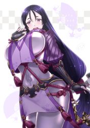 Rule 34 | black gloves, bodysuit, breasts, covered navel, curvy, fate/grand order, fate (series), fingerless gloves, gloves, ittokyu, large breasts, loincloth, long hair, low-tied long hair, minamoto no raikou (fate), parted bangs, purple bodysuit, purple eyes, purple hair, ribbed sleeves, rope, solo, tabard, very long hair