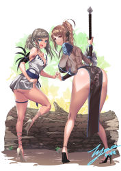Rule 34 | 1girl, absurdres, bad id, bad pixiv id, bare shoulders, black footwear, blue eyes, breasts, brown hair, character request, cleavage, copyright request, from behind, high heels, highres, large breasts, legs, log, long hair, long legs, looking at viewer, looking back, rantia, red eyes, signature, solo, sword, thick thighs, thighs, weapon, white footwear