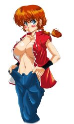 Rule 34 | 1girl, blue eyes, blush, braid, breasts, brown hair, chinese clothes, gender request, genderswap, highres, large breasts, legs, long hair, looking at viewer, navel, no bra, open clothes, ranma-chan, ranma 1/2, red hair, saotome ranma, simple background, solo, standing, tangzhuang, white background