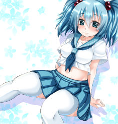 Rule 34 | 1girl, alternate costume, ascot, blue eyes, blue hair, blush, breasts, curvy, ebi 193, hair bobbles, hair ornament, kawashiro nitori, large breasts, matching hair/eyes, md5 mismatch, navel, school uniform, short hair, skirt, smile, solo, thighhighs, touhou, twintails, two side up, white thighhighs