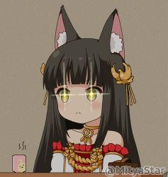 Rule 34 | + +, 1girl, animal ear fluff, animal ears, azur lane, bare shoulders, black hair, blush, closed mouth, collarbone, commentary request, cup, detached sleeves, dress, fox ears, glowing, glowing eyes, hair ornament, long hair, mitya, nagato (azur lane), pleated dress, red dress, solo, strapless, strapless dress, twitter username, upper body, v-shaped eyebrows, white sleeves, yellow eyes, yunomi