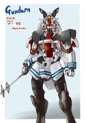 Rule 34 | english text, gundam, highres, kantai collection, mechanization, murakumo (kancolle), murakumo kai ni (kancolle), no humans, non-humanoid robot, polearm, robot, solo, spear, suzuki no m, weapon
