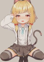 Rule 34 | 1girl, :3, animal ear headphones, animal ears, arm behind back, arm up, black skirt, black thighhighs, blonde hair, blue archive, blush, cat ear headphones, cat ears, cat tail, fake animal ears, fake tail, grey background, headphones, highres, legs, looking at viewer, miniskirt, momoi (blue archive), no shoes, open mouth, red eyes, ribbon, shijimizil, shirt, short hair, simple background, skirt, smile, solo, spread legs, squatting, suspender skirt, suspenders, tail, thighhighs, thighs, v, white shirt