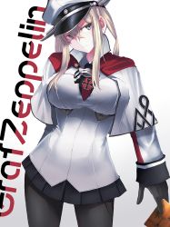 Rule 34 | 10s, 1girl, blonde hair, blue eyes, breasts, capelet, celtic knot, character name, female focus, gloves, graf zeppelin (kancolle), hair between eyes, hat, highres, kantai collection, komaccho, large breasts, long hair, miniskirt, pantyhose, peaked cap, skirt, solo, tsuchii kodama, twintails, uniform