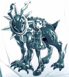 Rule 34 | 1boy, 1girl, alice mccoy, artist request, claws, digimon, digimon tamers, dobermon, dress, full body, highres, looking at viewer, monochrome, smile, spikes, standing