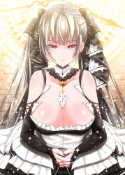 Rule 34 | 1girl, azur lane, between breasts, black nails, blonde hair, breasts, choker, cleavage, clock, clock tower, closed mouth, commentary request, corset, crossed arms, day, earrings, elbow gloves, eyelashes, formidable (azur lane), frills, fuyuki jun, gloves, hair ribbon, highres, jewelry, large breasts, lips, long hair, looking at viewer, nail polish, necktie, necktie between breasts, own hands clasped, own hands together, red eyes, revision, ribbon, solo, sparkle, tower, two-tone dress, two-tone ribbon, upper body, very long hair