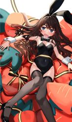 Rule 34 | 1girl, animal ears, bare shoulders, blue eyes, blush, breasts, brown hair, carrot, cleavage, collarbone, covered navel, detached collar, elisia valfelto, fake animal ears, feet out of frame, hair between eyes, hair intakes, high heels, highres, leotard, long hair, luicent, lying, mary janes, on back, open mouth, original, playboy bunny, rabbit ears, shoes, simple background, sleeveless, small breasts, solo, strapless, strapless leotard, sweatdrop, thighhighs, white background, wrist cuffs