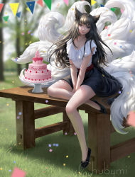 Rule 34 | 1girl, ahri (league of legends), animal ears, artist name, bare legs, between legs, black footwear, black hair, black skirt, blue eyes, blurry, blurry background, blush, cake, candle, chuby mi, closed mouth, collarbone, confetti, day, depth of field, facial mark, food, fox ears, fox tail, frilled shirt, frills, fruit, full body, grass, hand between legs, happy birthday, highres, kitsune, kyuubi, league of legends, lips, long hair, looking at viewer, multiple tails, no socks, on table, outdoors, own hands together, pennant, sash, shirt, shoes, short sleeves, sitting, skirt, smile, solo, strawberry, string of flags, sunlight, table, tail, tsurime, v arms, very long hair, whisker markings, white shirt