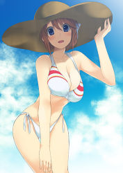 Rule 34 | 00s, 1girl, bikini, blue eyes, breasts, brown hair, cleavage, cloud, day, folded ponytail, hat, komaki manaka, large breasts, leaning forward, mizuki makoto, short hair, solo, swimsuit, to heart (series), to heart 2, wide hips