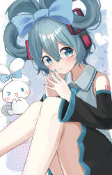 Rule 34 | &gt; o, 1girl, :t, absurdres, blue eyes, blue hair, blush, bow, cinnamiku, cinnamoroll, collared shirt, commentary, detached sleeves, ear bow, hair bow, hatsune miku, headphones, heart, highres, knees up, long hair, long sleeves, looking at viewer, nail polish, necktie, one eye closed, own hands together, shirt, sitting, skirt, sleeveless, sleeveless shirt, spiral (udon), updo, vocaloid