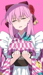 Rule 34 | 1girl, apron, bocchi the rock!, closed eyes, frilled apron, frills, gotoh hitori, hair ornament, highres, hikentai0112, japanese clothes, kimono, long hair, maid, menu, open mouth, pink background, pink hair, simple background, solo, tears, wa maid