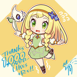 Rule 34 | 1girl, bare shoulders, blonde hair, blush, braid, celebi, chibi, cosplay, creatures (company), detached sleeves, eyelashes, flower, flying sweatdrops, game freak, gen 2 pokemon, green eyes, hair flower, hair ornament, highres, kinocopro, leg up, legendary pokemon, lillie (pokemon), long hair, looking down, lyra (pokemon), lyra (pokemon) (cosplay), lyra (sygna suit) (pokemon), milestone celebration, mythical pokemon, nintendo, open mouth, outline, outstretched arms, pokemon, pokemon (creature), pokemon masters ex, pokemon sm, sleeveless, standing, standing on one leg, thank you, twin braids
