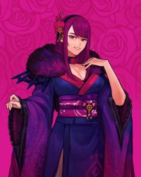 Rule 34 | 1girl, alternate costume, breasts, cleavage, fire emblem, fire emblem engage, fur-trimmed kimono, fur trim, hair ornament, highres, ivy (fire emblem), japanese clothes, kimono, large breasts, long hair, looking at viewer, mole, mole under mouth, nintendo, obi, open mouth, purple eyes, purple hair, sash, sethkiel, smile, solo, wide sleeves